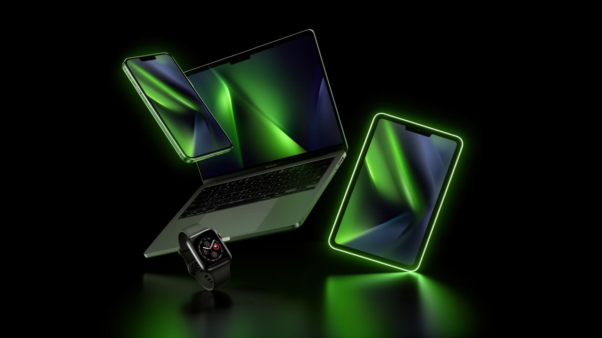 Phones, laptops, tablets and smartwatches glowing in neon green